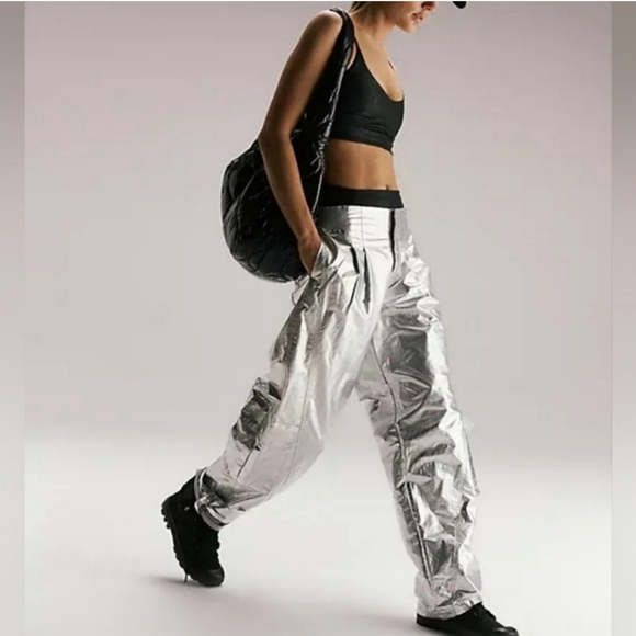 NWOT Free People Mesmerize Me Shine Pants in Silver $128  Small - Picture 2 of 13